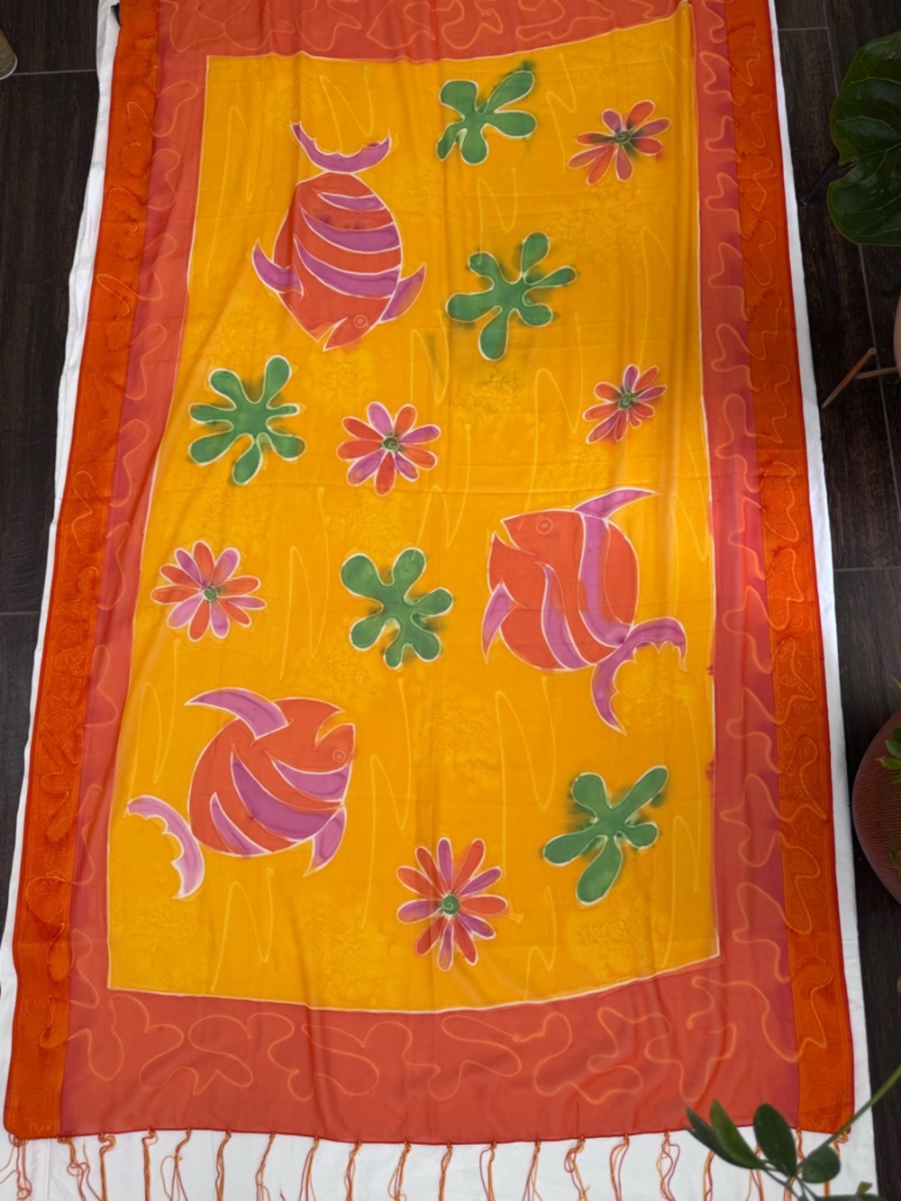 🎨 VNTG 70s Hand-Painted Aremar Sarong - Large 70x40 Orange Tropical Beach Wrap